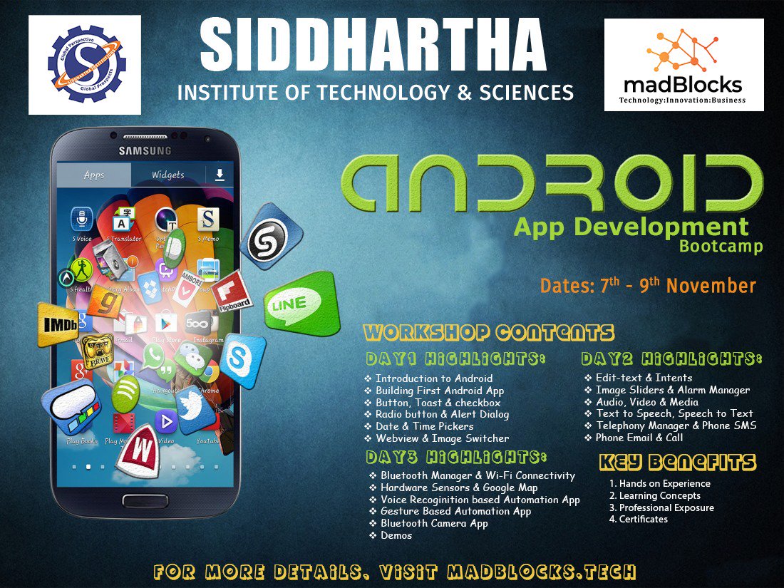 AtSITSOfficial's tweet image. Android App Development Boot camp - 7th to 9th November

#HardwareSensors #AutomationApp #CameraApp #BluetoothManager #LearningConcepts #TelephonyManager #AlarmManager