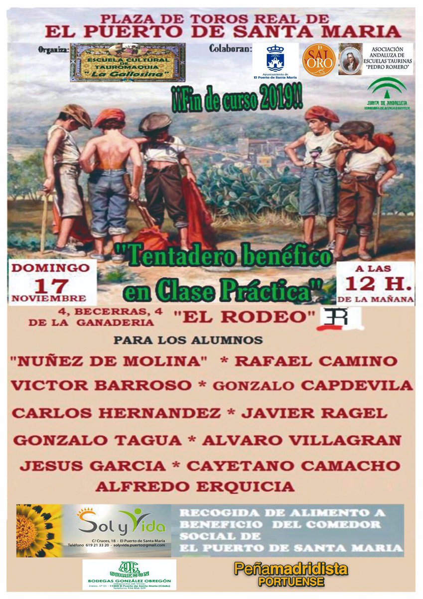 Ya falta poco, colabora con un kilo de alimento para el Comedor Social Sol y Vida y disfruta de una mañana de Tentadero con los alumnos de la Escuela. @DSalyOro <a href="/AAETPedroRomero/">AAET Pedro Romero</a> <a href="/ElPuerto/">Ayuntamiento de El Puerto de Santa María</a>  @AlvaroMGObregon <a href="/BodObregon/">Bodega Obregon</a> <a href="/ElPuertoAC/">El Puerto Actualidad</a> <a href="/VivaElPuerto/">Viva El Puerto</a> <a href="/AA_TaurinaCadiz/">A_AsamblTaurinaCádiz</a>