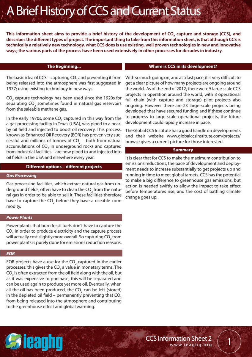 ccsknowledge's tweet image. Check out this @IEAGHG infosheet on the history of the development of #CCS. Key takeaways: CCS has been used for decades – It’s #safe and #completelyunderstood and a #necessitynotoption for deep #ghg #emissionreductions. #ClimateAction #deployCCS #poweringCCS