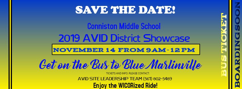Ms. Dominique (@myavidtude) on Twitter photo Join us <a href="/ConnistonMiddle/">Conniston Middle</a> on Thurs. Nov.  14 from 9 am-12 pm for the AVID District Showcase. To register contact 561-802--5479 or msg me. See U there! #learningandgrowingtogether #ThisIsAVIDPalmBeach <a href="/AVIDLauraRounds/">Laura Rounds</a> <a href="/kgwhetsell/">KW</a> <a href="/561Sdpbc/">Keith Oswald</a> <a href="/Jupmiddle/">JupiterMiddle</a>  @MrsAVID_DIVA <a href="/duncan_middle/">W. B. Duncan M.S.</a> Join us <a href="/ConnistonMiddle/">Conniston Middle</a> on Thurs. Nov.  14 from 9 am-12 pm for the AVID District Showcase. To register contact 561-802--5479 or msg me. See U there! #learningandgrowingtogether #ThisIsAVIDPalmBeach <a href="/AVIDLauraRounds/">Laura Rounds</a> <a href="/kgwhetsell/">KW</a> <a href="/561Sdpbc/">Keith Oswald</a> <a href="/Jupmiddle/">JupiterMiddle</a>  @MrsAVID_DIVA <a href="/duncan_middle/">W. B. Duncan M.S.</a>