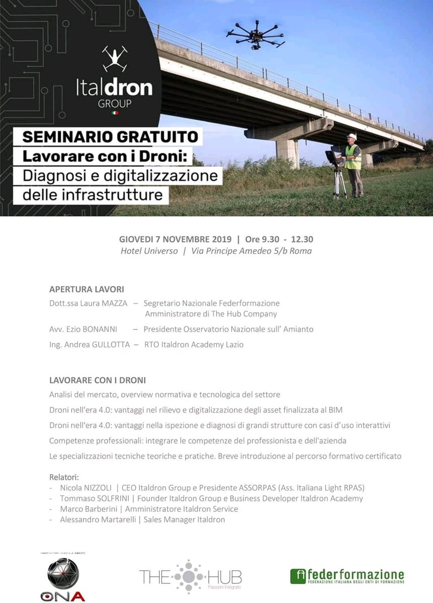 Lavorare con i droni nell'era 4.0: vantaggi e ruolo della #formazione e della #certificazione delle #competenze nella #innovazione e nel #lavoro 
#Roma #eventi 
<a href="/MazzaLau/">Laura Mazza</a> <a href="/ITALDRON/">ITALDRON</a> #TheHub