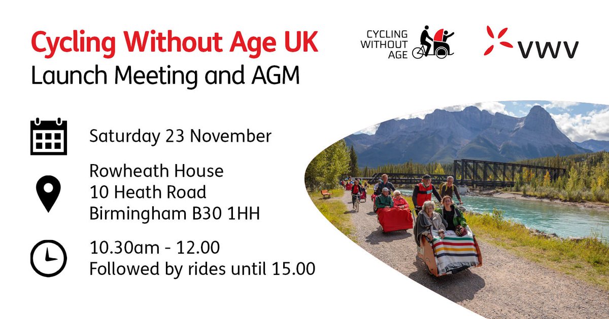 Cycling Without Age (@cyclewithoutage) on Twitter photo Please consider joining us at the CWA UK launch meeting and AGM on Saturday 23 Nov at Rowheath House.
@time_talents <a href="/MoorhouseUK/">Moorhouse</a> <a href="/nationaltrust/">National Trust</a> <a href="/vicredhead/">Victoria Redhead</a> <a href="/happystartups/">Happy Startup School</a> Please consider joining us at the CWA UK launch meeting and AGM on Saturday 23 Nov at Rowheath House.
@time_talents <a href="/MoorhouseUK/">Moorhouse</a> <a href="/nationaltrust/">National Trust</a> <a href="/vicredhead/">Victoria Redhead</a> <a href="/happystartups/">Happy Startup School</a>