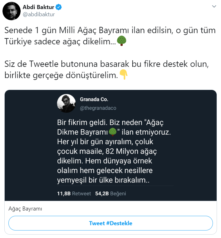 abdibaktur's tweet photo. Enes'in Ağaç Bayramı fikri gerçeğe dönüşsün istedik. Sosyal medyada başlattığımız kampanyamıza milyonlarca kişi destek verdi.🌳

Bugün o destekler gerçeğe dönüştü!👊

Cumhurbaşkanımızın takdirleriyle artık Ülkemizde her yıl 11 Kasım Milli Ağaçlandırma Günü olarak kutlanacak.🇹🇷 https://t.co/REhmRINclC