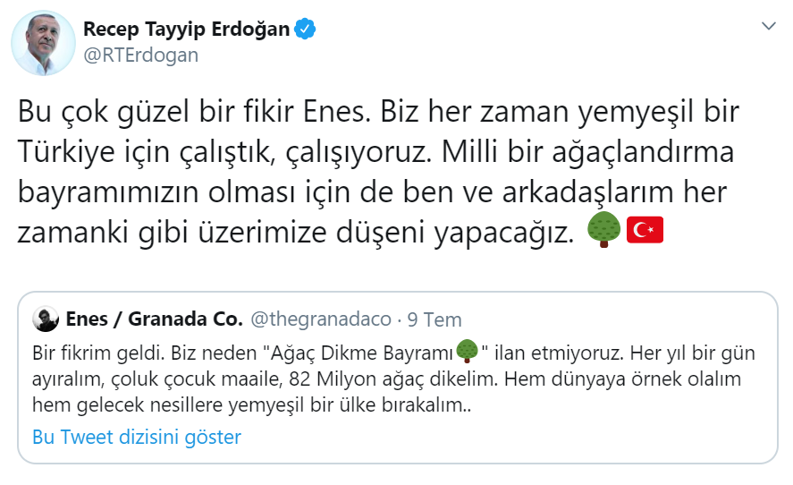 abdibaktur's tweet photo. Enes'in Ağaç Bayramı fikri gerçeğe dönüşsün istedik. Sosyal medyada başlattığımız kampanyamıza milyonlarca kişi destek verdi.🌳

Bugün o destekler gerçeğe dönüştü!👊

Cumhurbaşkanımızın takdirleriyle artık Ülkemizde her yıl 11 Kasım Milli Ağaçlandırma Günü olarak kutlanacak.🇹🇷 https://t.co/REhmRINclC