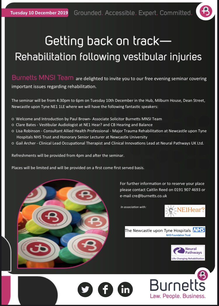 PbrownNeuro's tweet photo. Delighted to announce that we @BurnettsMnsi in association with @NPrehab @CB_Dizzy and @NewcastleHosps are holding our first evening seminar in #Newcastle on 10/12/19 exploring rehabilitation following vestibular injuries which are common following #HeadInjury and #BrainInjury https://t.co/8BMqimalJF