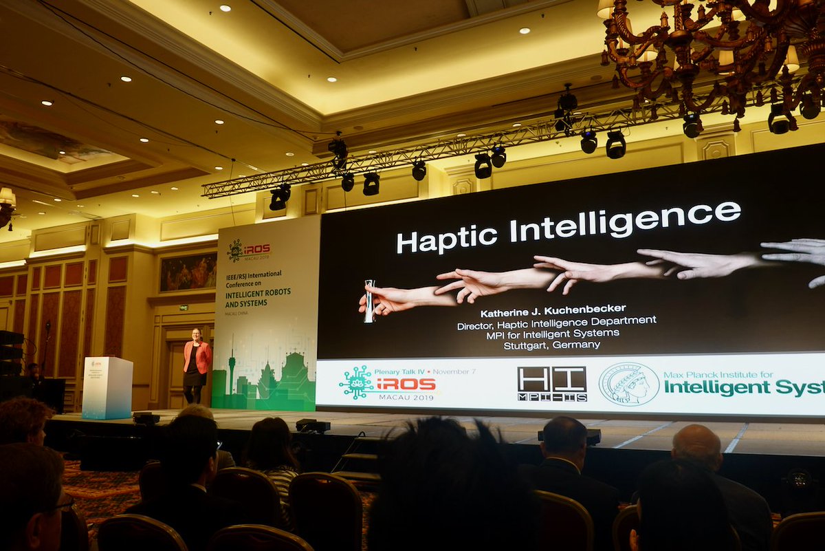 MPI_IS's tweet photo. Katherine J. Kuchenbecker, Director of the #HapticIntelligence Department at our MPI, delivered a plenary talk @IROS2019MACAU today. IROS stands for IEEE/RSJ International Conference on Intelligent #Robots and Systems. Find out more about her talk here: https://t.co/E2SyHpx2Z8 https://t.co/Jy3evywmDO