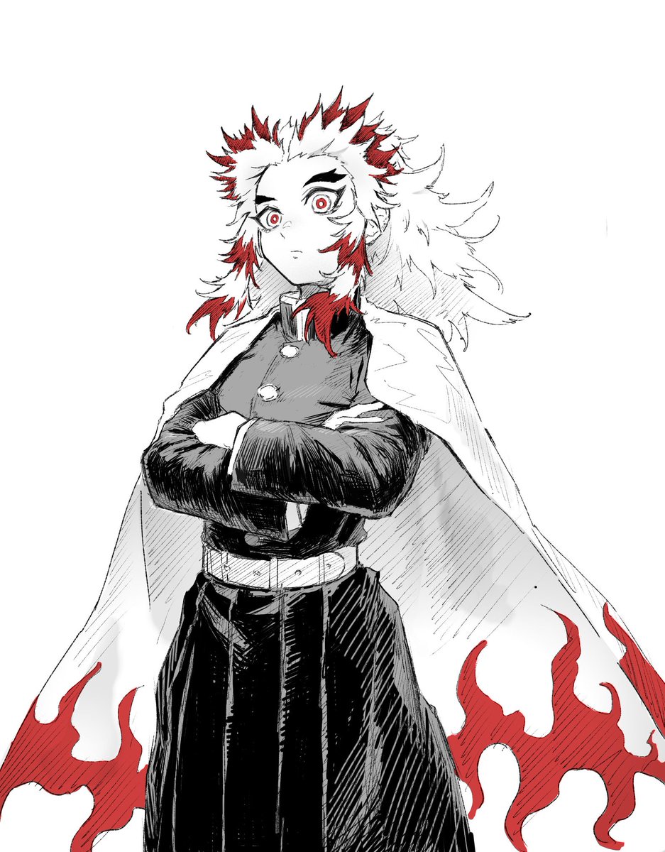 rengoku kyoujurou forked eyebrows solo demon slayer uniform cape crossed arms flame print red hair  illustration images