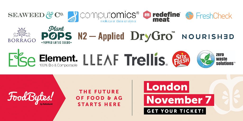 Foodbytes by Rabobank (@foodbytes) on Twitter photo Go-time for the 15 #FoodBytes! gamechangers
@Fresh_Check <a href="/N2Applied/">N2Applied</a> <a href="/ElseNutrition/">Else Nutrition</a> <a href="/MyElementPack/">Element Packaging UK</a> @Computomics <a href="/ZeroWasteBiotec/">Zero Waste Solutions</a> <a href="/DoctorSeaweed/">Doctor Seaweed</a> <a href="/LLEAFgreentech/">LLEAF Greenhouse Film Technology</a> <a href="/RedefineMeat/">Redefine Meat</a> @StixFresh @TrellisAI <a href="/DryGroLtd/">DryGro</a> @PlantPopsSnacks @Get_Nourished <a href="/BorragoDrinks/">Borrago | Non-Alcoholic Spirit</a>
📡: bit.ly/FBLDN19Livetw Go-time for the 15 #FoodBytes! gamechangers
@Fresh_Check <a href="/N2Applied/">N2Applied</a> <a href="/ElseNutrition/">Else Nutrition</a> <a href="/MyElementPack/">Element Packaging UK</a> @Computomics <a href="/ZeroWasteBiotec/">Zero Waste Solutions</a> <a href="/DoctorSeaweed/">Doctor Seaweed</a> <a href="/LLEAFgreentech/">LLEAF Greenhouse Film Technology</a> <a href="/RedefineMeat/">Redefine Meat</a> @StixFresh @TrellisAI <a href="/DryGroLtd/">DryGro</a> @PlantPopsSnacks @Get_Nourished <a href="/BorragoDrinks/">Borrago | Non-Alcoholic Spirit</a>
📡: bit.ly/FBLDN19Livetw