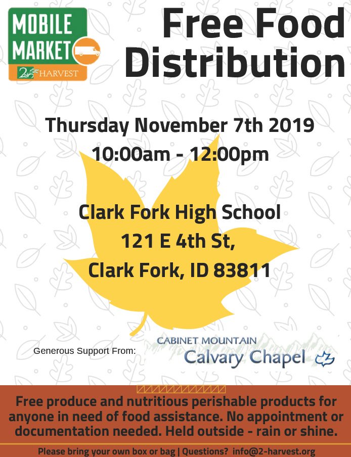 2HarvestINW's tweet image. From 10:00AM to 12:00PM today, our Mobile Market will be in Clark Fork, ID delivering food to anyone in need of assistance at Clark Fork High School. #SolveHunger