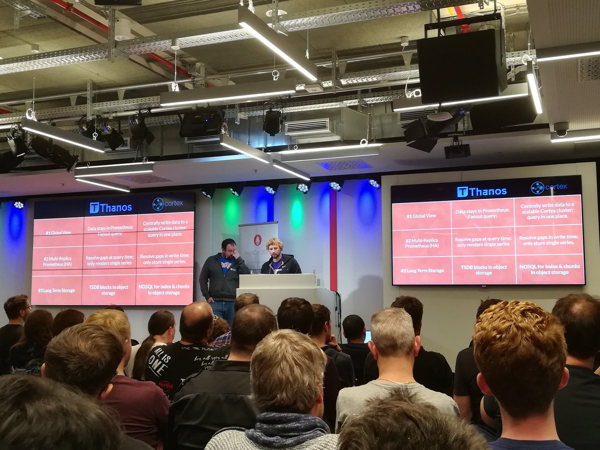 Very good talk about Thanos vs Cortex by @tom_wilkie and @bwplotka ! #PromCon