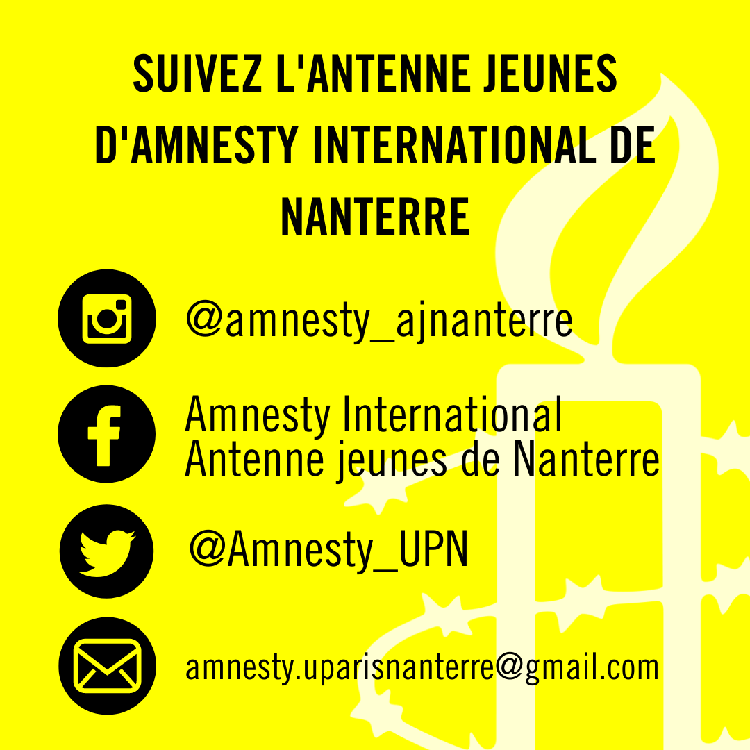 Bonjour👋 L'AJ - Amnesty International de l'université Paris Nanterre revient en force ! De nouveaux projets et événements sont prévus pour très bientôt donc n'hésitez pas à nous suivre sur nos réseaux sociaux 💛📱#amnestyinternational #droitshumains #universiteparisnanterre