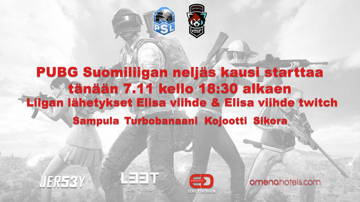 Tänään se alkaa PSL 4 🔥

Banjo rummut valmiiks ja kädet kohti kattoa Let's rock!

Young man, there's no need to feel down.
I said, young man, pick yourself off the ground.

⏲️ 18:30
📺 Twitch.tv/elisaviihdespo…
🎙️ <a href="/CastByCopter/">Matti Korvenmaa</a> &amp; <a href="/M00nForrest/">Pauli Anttila</a> 

#esportsfi #pubgliiga