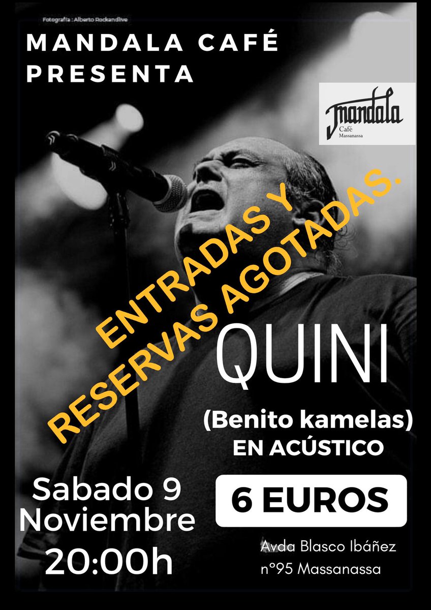 Muy buenas familia, ya no quedan entradas para el concierto de este sábado en Mandala, sé que hay muchas personas que están llamando y se han quedado sin entrada, pero en breve os anunciaré una fecha en otra sala de Valencia, sois increíbles.
Sois mi aire, os quiero.