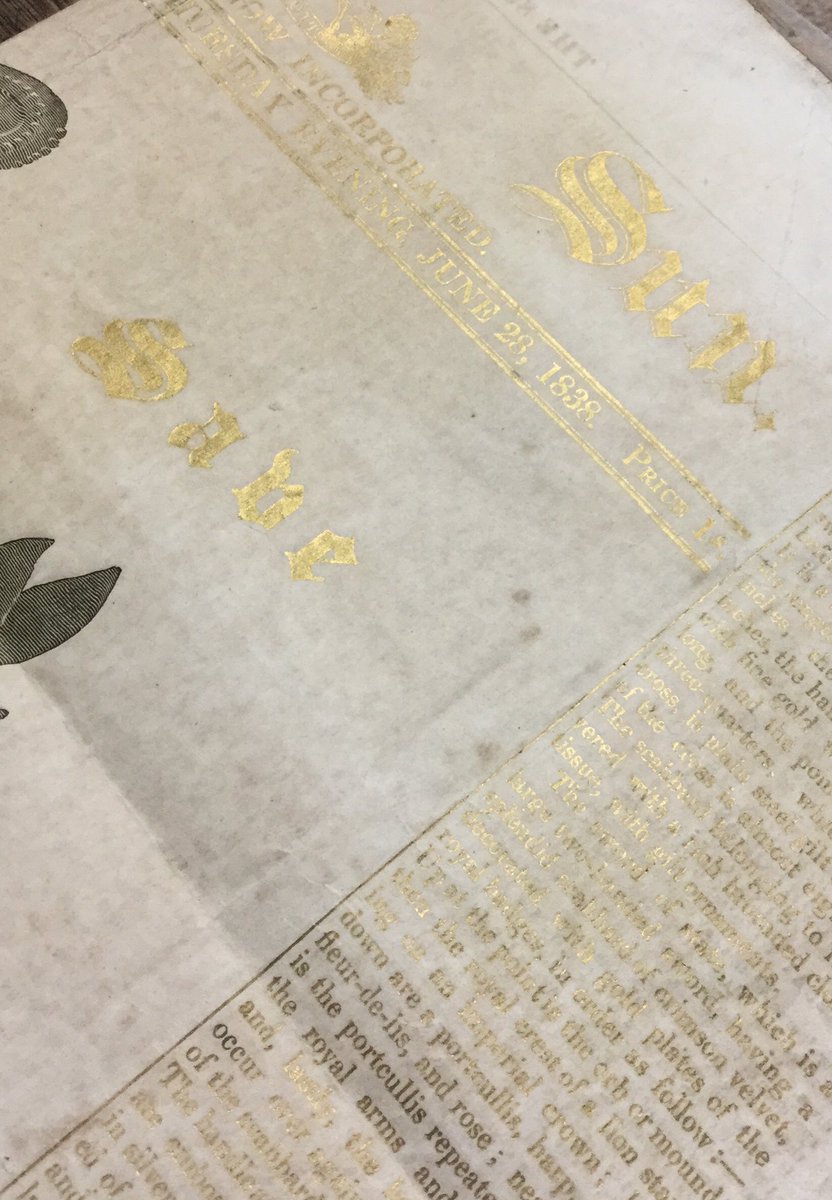 Going through the #newspaper collection in our #Archivium. Who knew #TheSun used to look so different? Loving the #gold ink print on this commemorative edition, June 28th 1838, for the #coronation of #QueenVictoria! #showoff @StonyhurstSMH @Stonyhurst