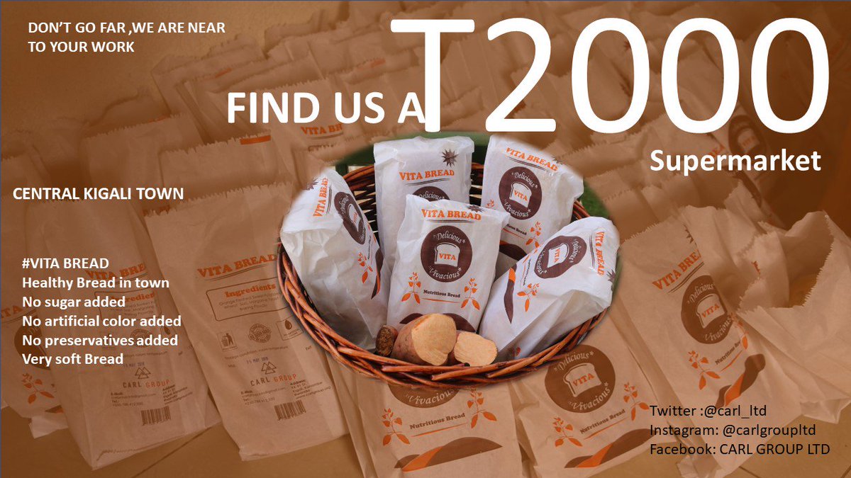carl_ltd's tweet photo. We are delighted to announce our new partnership with #T2000 supermarket in Kigali central town, the chinese largest supermarket in town,pleasee pass by& get yours #VITABREAD is there to make your family healthy #yellowbread #RwOT #Kigali #Rwanda #sweetpotatobread #madeinrwanda https://t.co/LNsInPzMwV