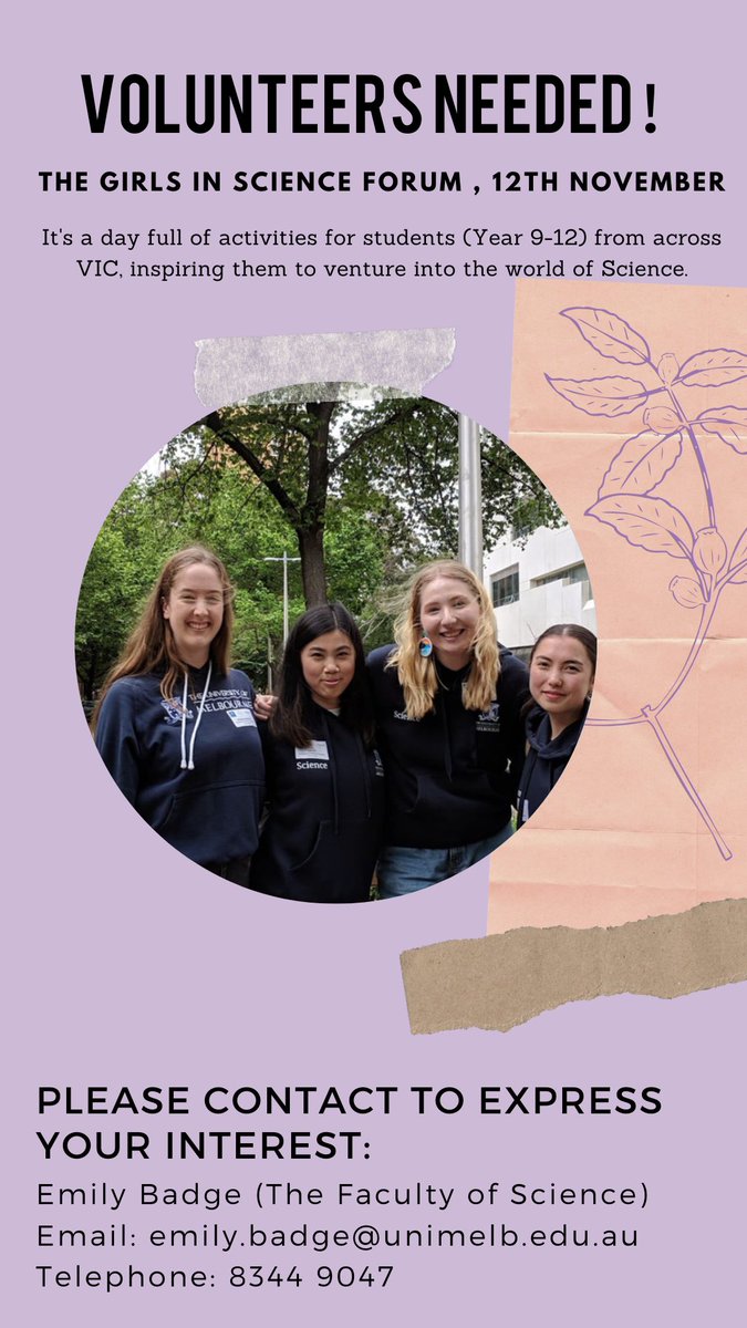 WISEunimelb's tweet image. Look at here🙋🏻‍♀️ 
Volunteers are needed (11:30am-3pm) to help escort students around the campus and to provide YOUR words of wisdom about uni life to these young grasshoppers. 
It&apos;ll be a great opportunity to showcase your leadership and communication skills!
#unimelb #WomenInSTEM
