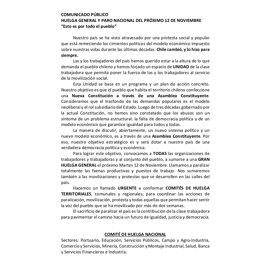 ccuevasz's tweet image. [Comunicado Público]
#HuelgaGeneral y #ParoNacional 12 de Noviembre #12N.
ESTO ES POR TODO EL PUEBLO.
Por un Chile nuevo
Por la #AsambleaConstituyenteAhora.

Máxima Difusión
