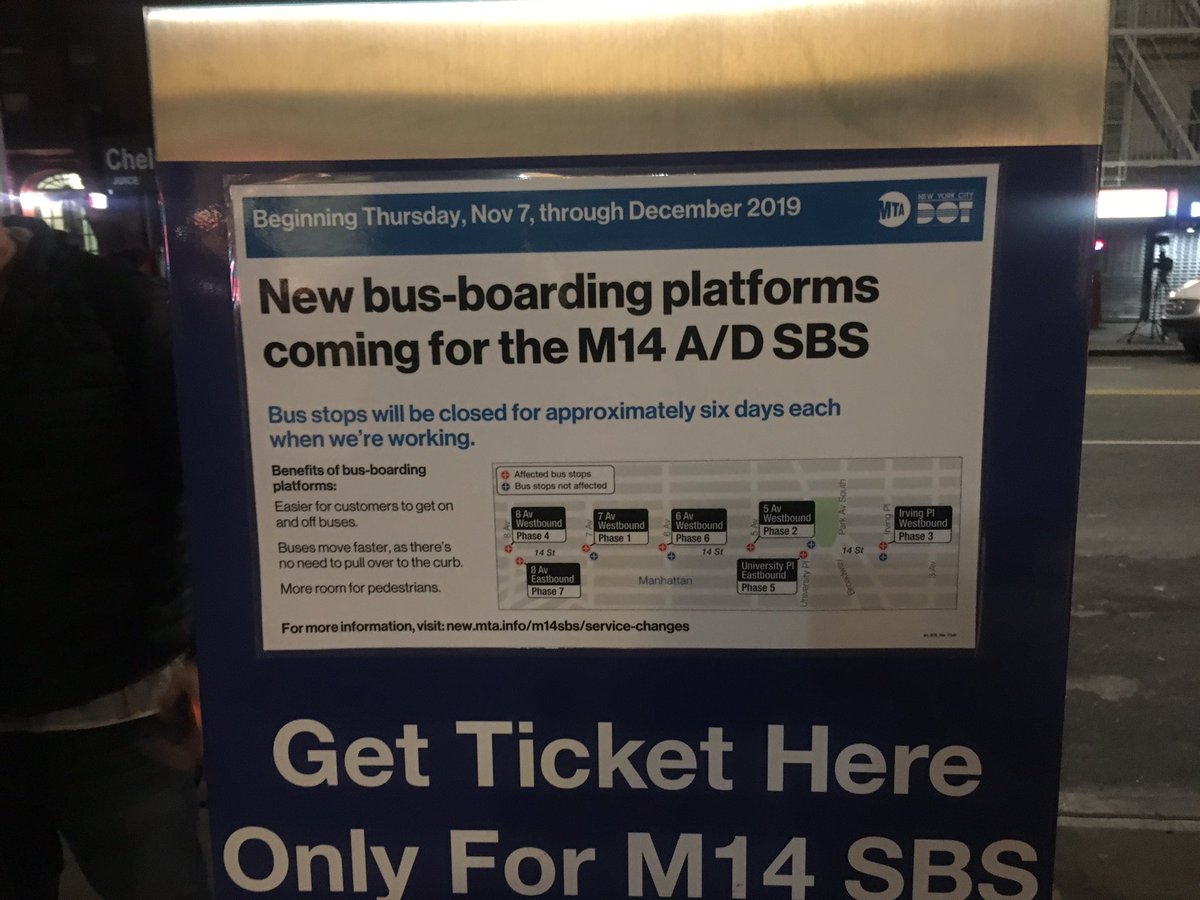 MDiamond8's tweet photo. The 14th street busway enters a new phase. Sidewalk extension platforms will bring riders right to the bus doors.  Work begins today at 14th and 7th ave and will take 6 days to complete. @wcbs880 @NYCTBus #14thst #busway https://t.co/c5dPWd0oFQ