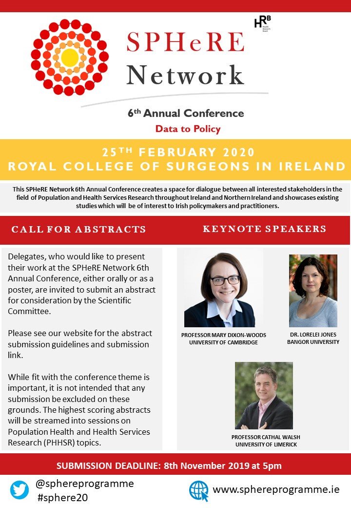 SPHeREprogramme's tweet image. Call for abstracts deadline for #sphere20 is tomorrow, Friday, 8th Nov at 5pm! Not long to go! #LoveIrishResearch #PHHSR