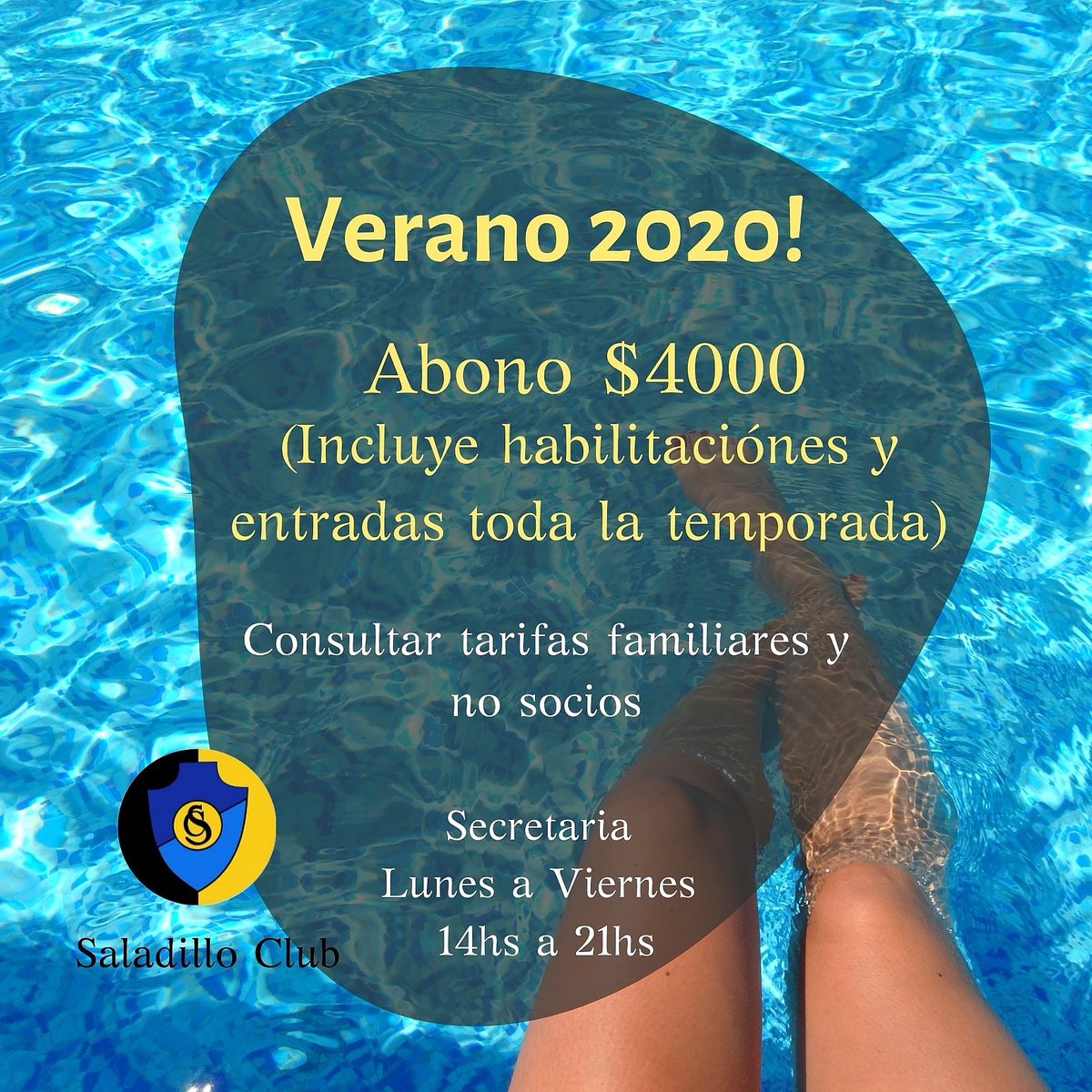 VERANO 2020!☀️
Consultar tarifas familiares, no socios y cuotas sin interés en nuestra secretaría de Lunes a Viernes de 14hs a 21hs.
#SaladilloClub🔶️⚫ 
#VeranoSaladillo☀️