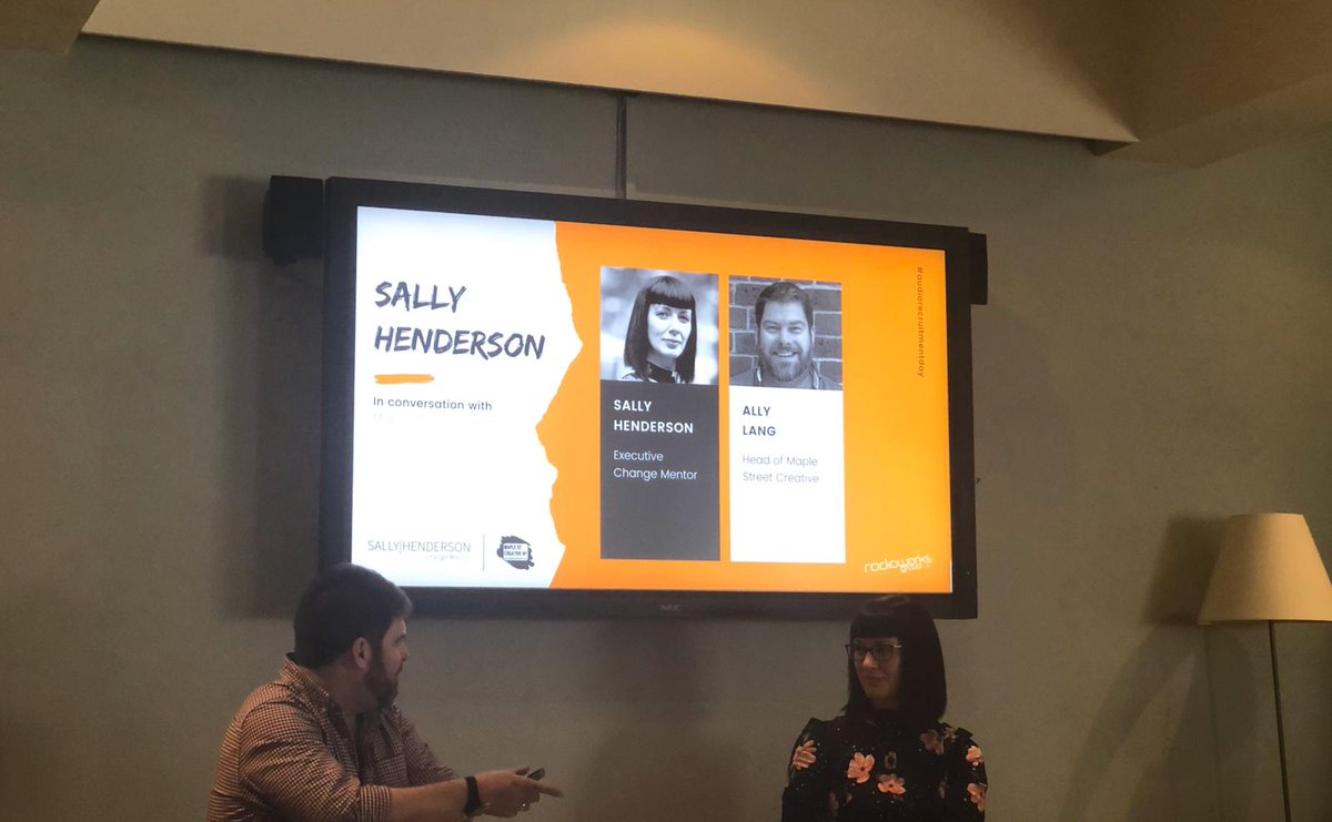 MapleStCreative's tweet photo. A paparazzi shot of our fearless leader Ally talking with  @sallykhenderson about podcasts and leadership challenges at #AudioRecruitmentDay! 📸 @radiospecialist https://t.co/w8hGyxz8ov