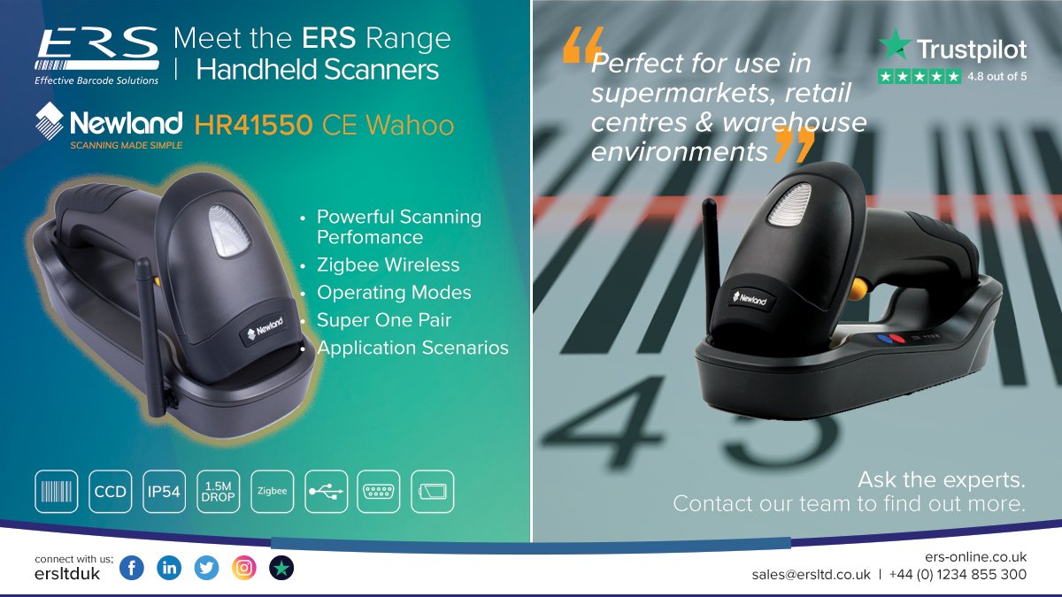Looking for an improved barcode scanner? The <a href="/Newland_ID/">Newland EMEA</a> HR1550 is versatile &amp; suited to a wide range of industries. Zigbee tech offering connectivity up to 50m for vast coverage. See tiny.cc/ers-newland-hr… or call us to learn more. #barcodes #scanners #labelprinters #solutions