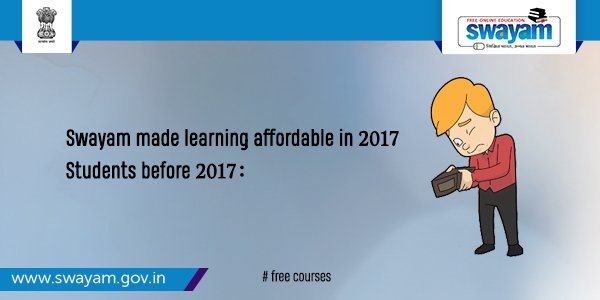 SWAYAMMHRD's tweet photo. Launched back in 2017, Swayam has bought affordable courses to millions of students.
@HRDMinistry @subrahyd
#peoplebefore #onlinelearning #swayam #elearning https://t.co/SfQ6rqQagV