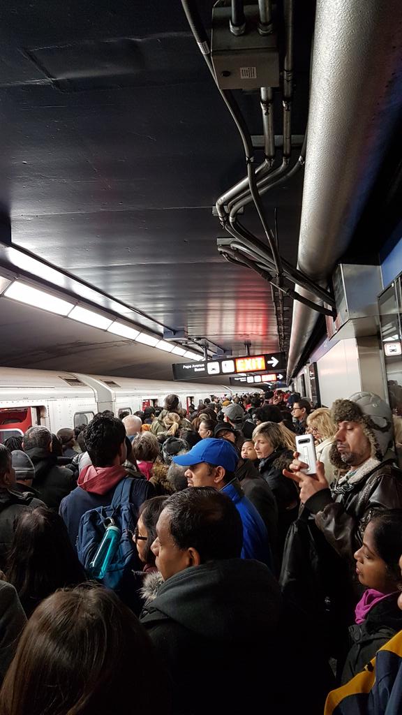 Elphie's tweet photo. See of people. It's nuts. #TTC #commuterlife #thefirstsnowfall #TTCdelay https://t.co/wfWJ5nZ5G7