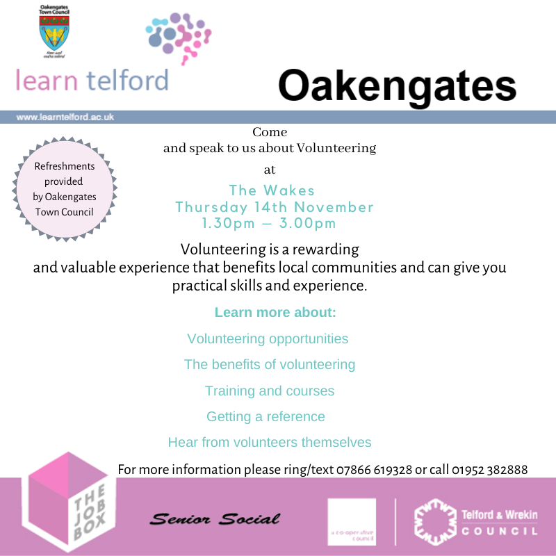 Interested in Volunteering? ⭐️

This will be a great opportunity to speak to local Organisations about current volunteering opportunities... and also meet volunteers to share their experiences 😊

Don't miss out!

#Volunteering #LearnTelford #Oakengates #Opportunity #Telford