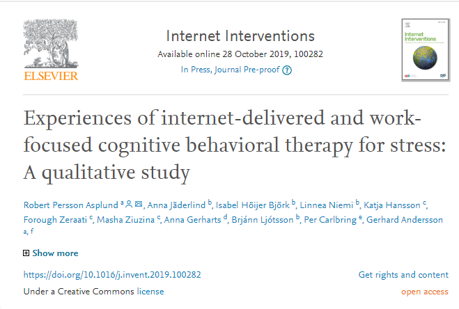 iInterventions's tweet photo. With @profGerhardA @PerCarlbring: Experiences of internet-delivered and work-focused cognitive behavioral therapy for stress: A qualitative study https://t.co/jMiJ3wX7Ka #internetinterventions #stress #openaccess https://t.co/Hu1wrsXJFV