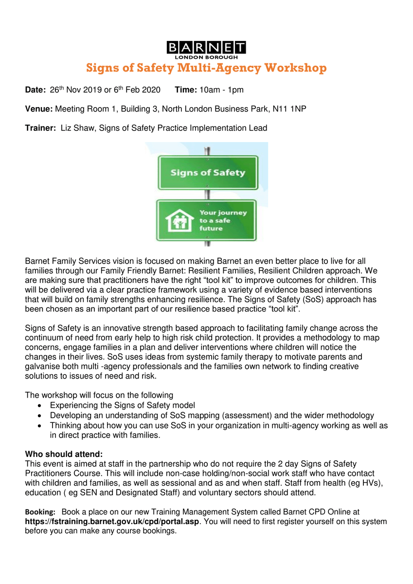InclusionBarnet's tweet image. Book your place on the Signs of Safety Multi-Agency Workshop run by @BarnetCouncil on the 26th Nov! See attachment for further details and to book your place #barnet #SignsofSafety