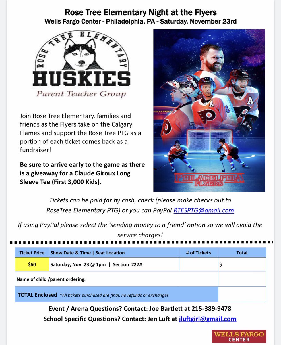 Support our friends at Rose Tree Elementary PTG, Sat. Nov. 23 at RTE Night at the Flyers!! Tickets still available!