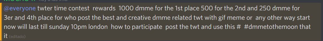 cryptomocho's tweet image. twt promo post easy
 make any $dmme realted twt 
use #dmmetothemoon and $dmme tiker 
1st place will get 1k $dmme 
2nd place will get 500 $dmme
3er and 3th will get 250 $dmme each 
more emojis and more fun is the twt more chances to win

winners will get chosen sunday 10pm london