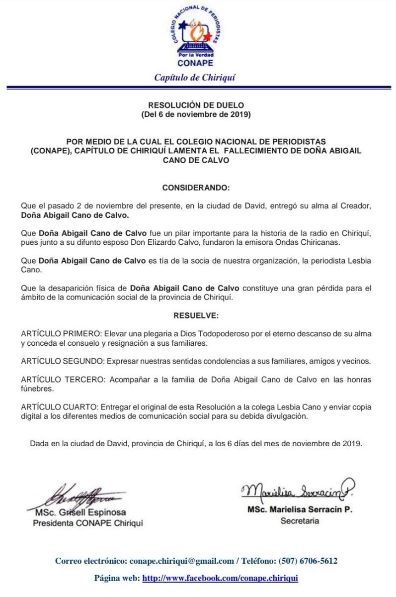 Lamentamos el fallecimiento de Doña Abigail Cano de Calvo, pilar importante para la radiodifusión en la provincia de Chiriquí, quien junto a su difunto esposo Don Elizardo Calvo, fundaron la emisora Ondas Chiricanas. Nuestras condolencias para sus familiares.
