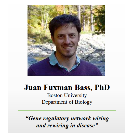 11/8 Seminar: Juan Fuxman Bass "Gene regulatory network wiring and rewiring in disease" at 3pm in the D'Ambra Auditorium