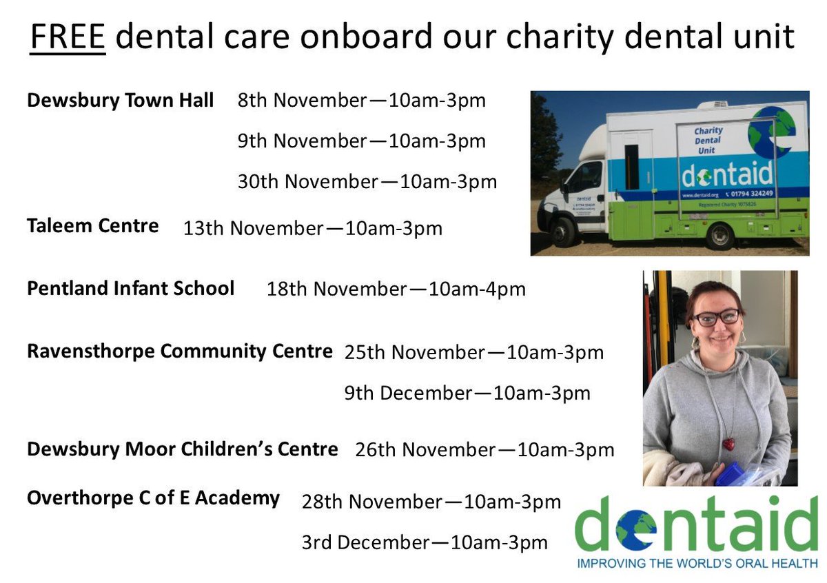 Don't forget we're back in #Dewsbury tomorrow for the start of 10 free clinics for people who aren't registered with a dentist but need to see one.  No appointment necessary just turn up. #kirklees #dentistry #dentalcharity #dentalvolunteers