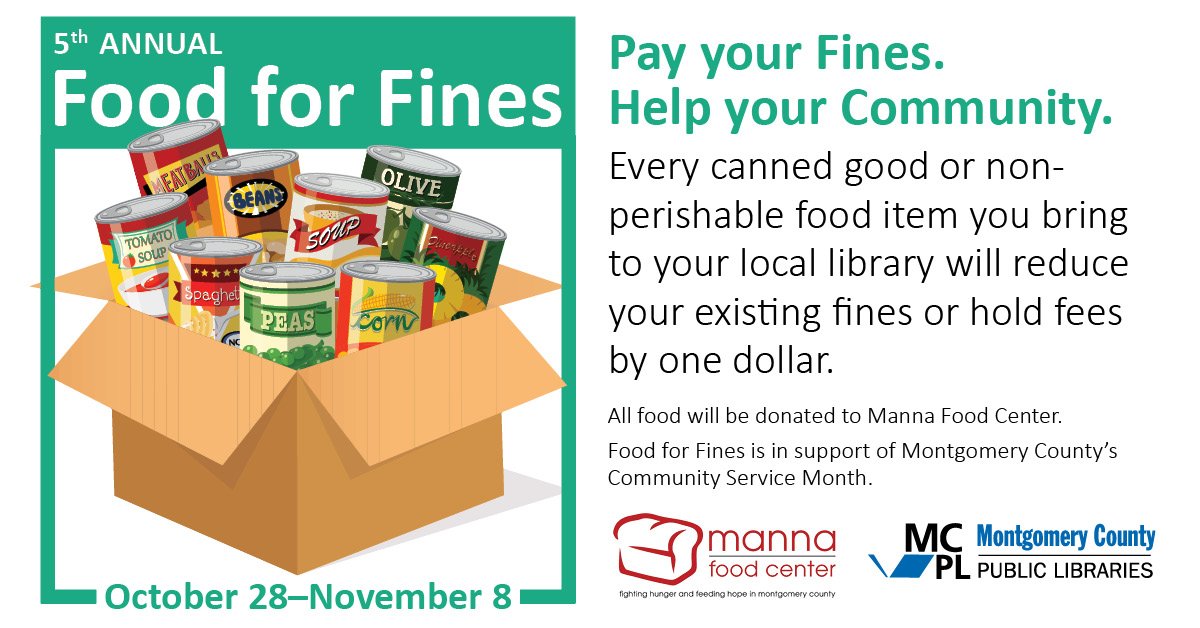 MCPL_Libraries's tweet image. It's Food for Fines time!

Now through November 8, reduce your existing fines or hold fees by bringing canned and other non-perishable food items to the circulation desk of any MCPL branch.

#FoodForFines mcpl.link/216ce