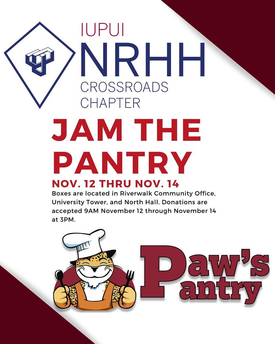 Coming up next week! Help NRHH collect food to donate to Paw's Pantry next week from the 12th-14th! Collection boxes are located at North Hall, the Riverwalk Community Office, and University Tower.