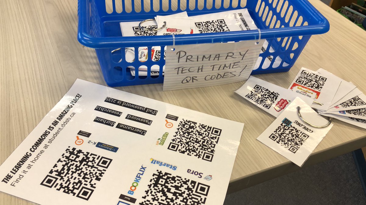 MaxwellTeach's tweet photo. Primary Tech time QR code basket helps kids help themselves be independent and be good digital citizens! #DDSBshift @terryfox https://t.co/p4Es0RQpFC