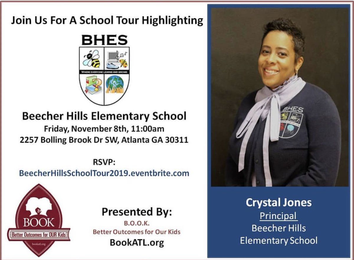 Come check out Beecher Hills Elementary, featuring Principal, Crystal Jones, this Friday, Nov 8th, at 11AM.

RSVP at …herHillsSchoolTour2019.eventbrite.com
 
#BookATL