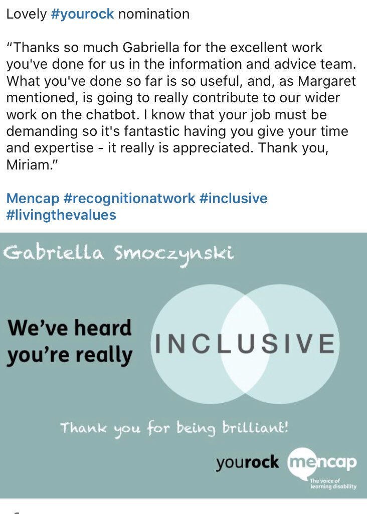 G_Smoczynski's tweet image. Lovely #yourock nomination 
@mencap_charity #recognitionatwork #inclusive #livingthevalues