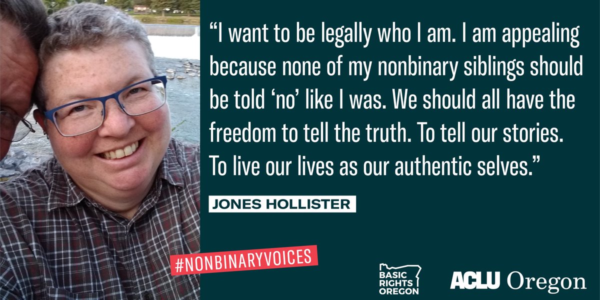 ACLU_OR's tweet photo. THREAD: Jones Hollister is nonbinary, but a Lane County judge refused their request for an “x” gender marker. They are asking the Oregon Court of Appeals to reverse the judge’s decision. 

Read their story: https://t.co/VPKcKSMF0Y 

#nonbinaryvoices https://t.co/1RY25wDM9Z