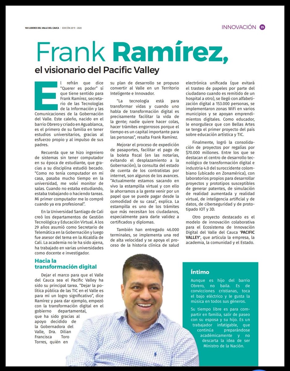 TICGobValle's tweet photo. 100 LÍDERES DEL VALLE DEL CAUCA Destacó como un #Lider 2019 al Secretario TIC @faramirezo por su gestión, aporte en conocimiento y grandes acciones que fortalecieron la transformación digital en #ValledelCauca El Visionario del #PacificValley @Ministerio_TIC @FedesoftCol https://t.co/HOf9Ynj4xL