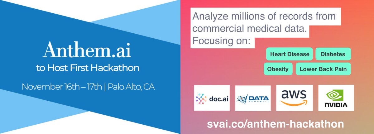 New Partner, New Data: Anthem.ai’s First Hackathon -Downtown Palo Alto, Nov 16-17.

This is a unique opportunity to work with medical data at the scale of millions of records!

Join at: svai.co/anthem-hackath… - there ARE spaces available DM us.