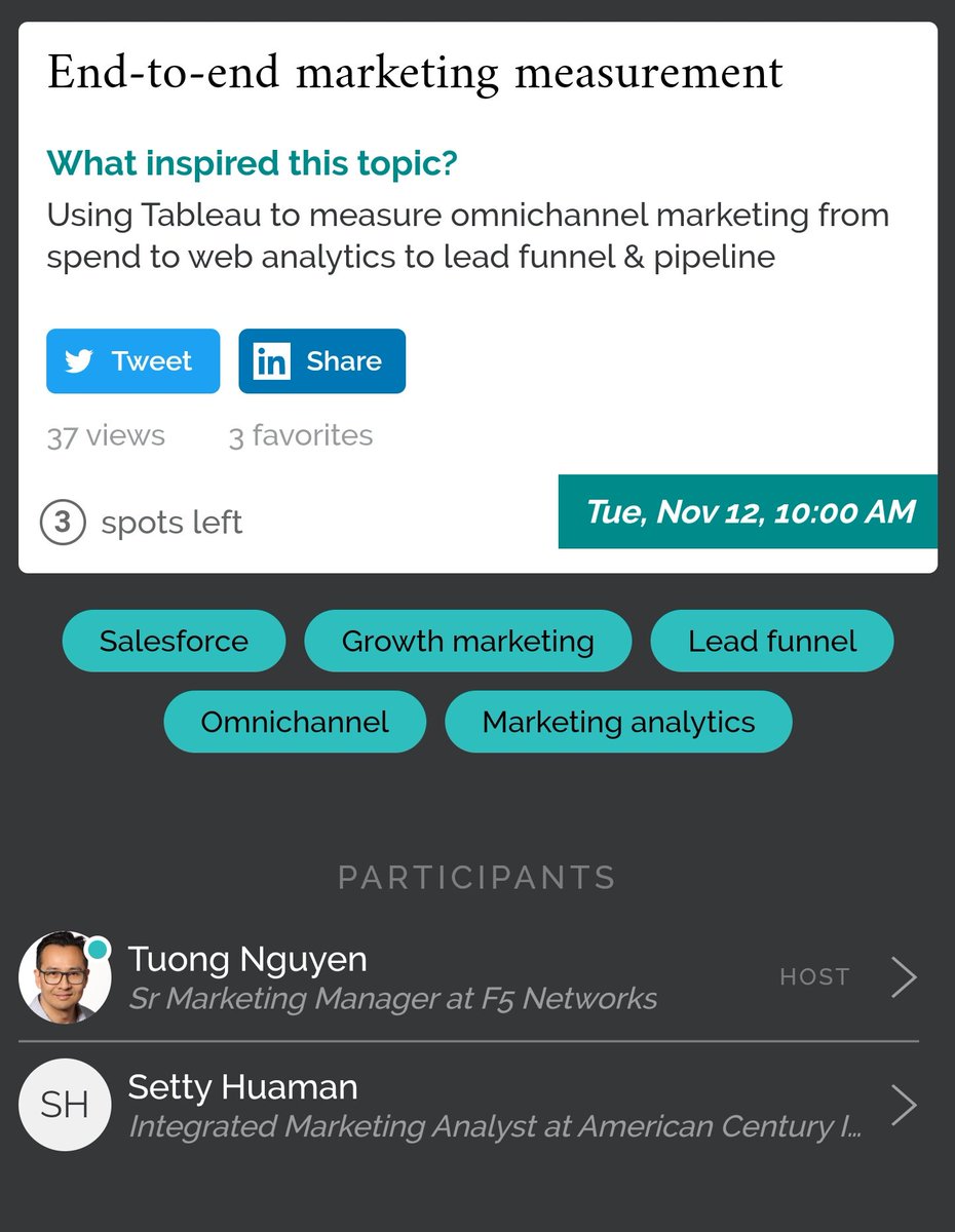 DomainQB's tweet image. Super excited for #data19 next week. 1st timer. Love these #braindates sessions. Already set up my first one on end-to-end marketing measurement. Let&apos;s connect, learn + share ideas, best practices... 

#growthmarketing #digitalmarketing #datafam #sfdc #leadfunnel #tableau