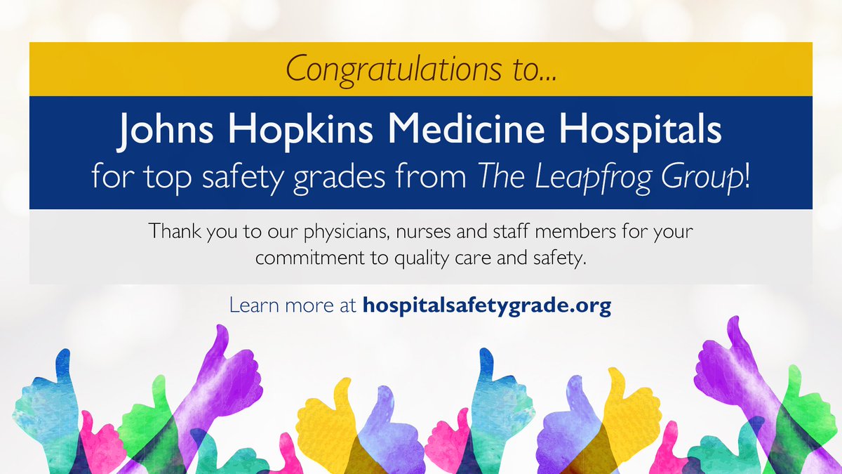 Congratulations to Johns Hopkins Medicine hospitals for earning top safety grades this fall. bit.ly/2WQZKXa