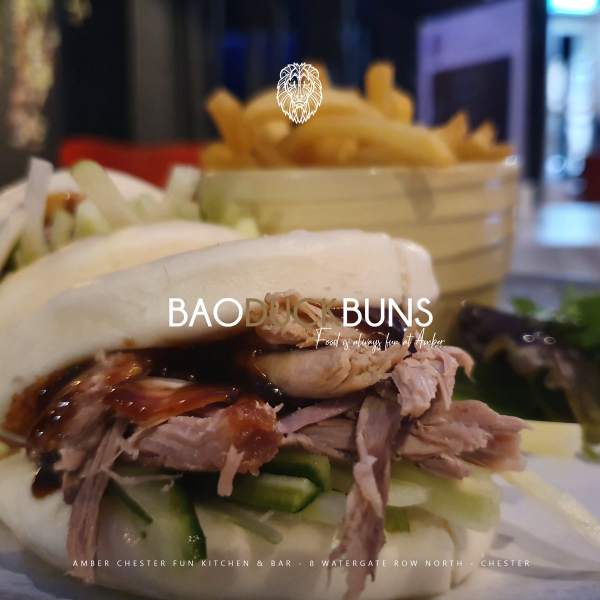 TheFunKitchen's tweet image. Steamed Bao Duck Buns - crispy duck, cucumber, spring onion &amp;amp; hoisin sauce served with skinny fries 

#AMBERFunKitchen #AMBER #AMBERChester #Chester