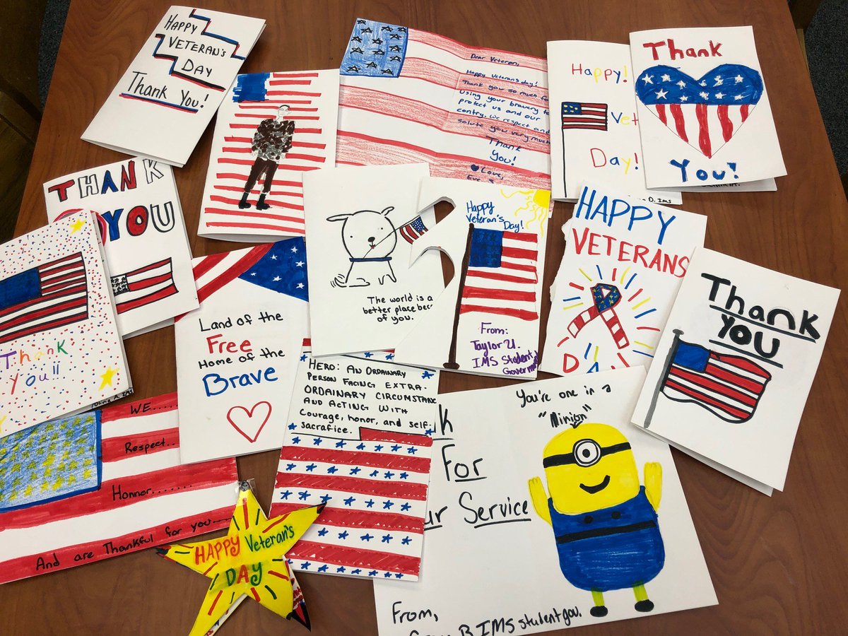 IslipMS's tweet photo. IMS Student Government members made cards for Veterans Day.  Cards will be delivered to local restaurants (I.e., Applebees, Chilis) to distribute to any veteran or active military member who eats at their restaurant on Veterans Day #islipmiddleschool  @JasonCohen72 @tpmartin631 https://t.co/S9a2yHcHlS