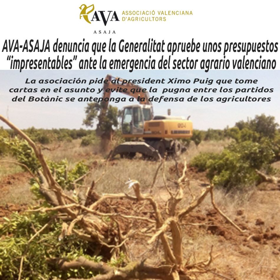 AVA-ASAJA DENUNCIA QUE LA GENERALITAT APRUEBE UNOS PRESUPUESTOS “IMPRESENTABLES” ANTE LA EMERGENCIA DEL SECTOR AGRARIO VALENCIANO

buff.ly/2Cjl2Ds

@ava_asaja  #AVAASAJA #HosteleriaEnValencia #CristobalAguado #EmergenciaSectorAgrarioValenciano #AyudasAgricultores