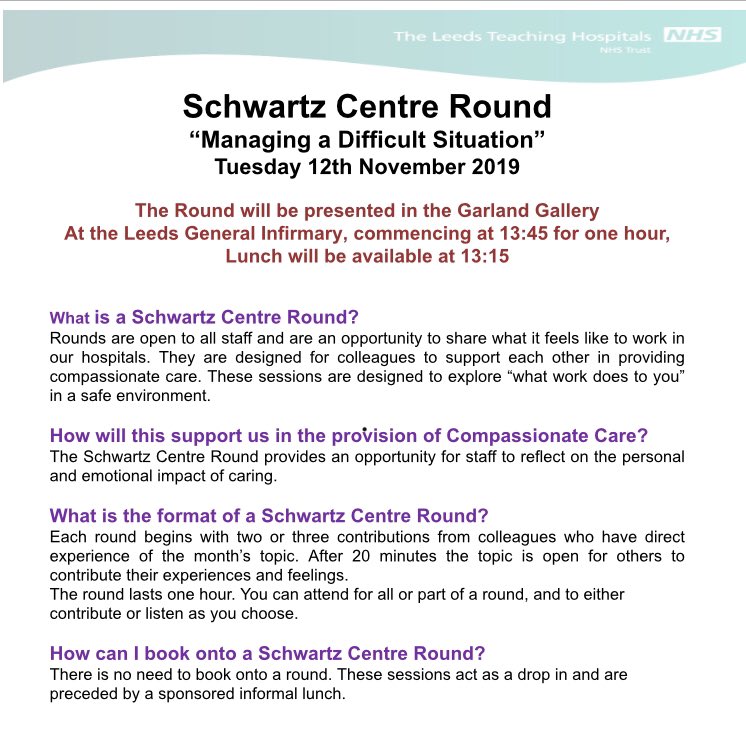 Next @LeedsHospitals Schwartz Round is at LGI, gr8 opportunity to support each other in these hard but rewarding 🤗jobs we do.......@OrgLearnleedsth @AndreaGalley @lthtwande @KarenSykes2 @LTHTTheatreTri @millersarah3 @Kate_Smith33 @heidifarrelllds @Annawinf @JoRegan4 @TRSCSU